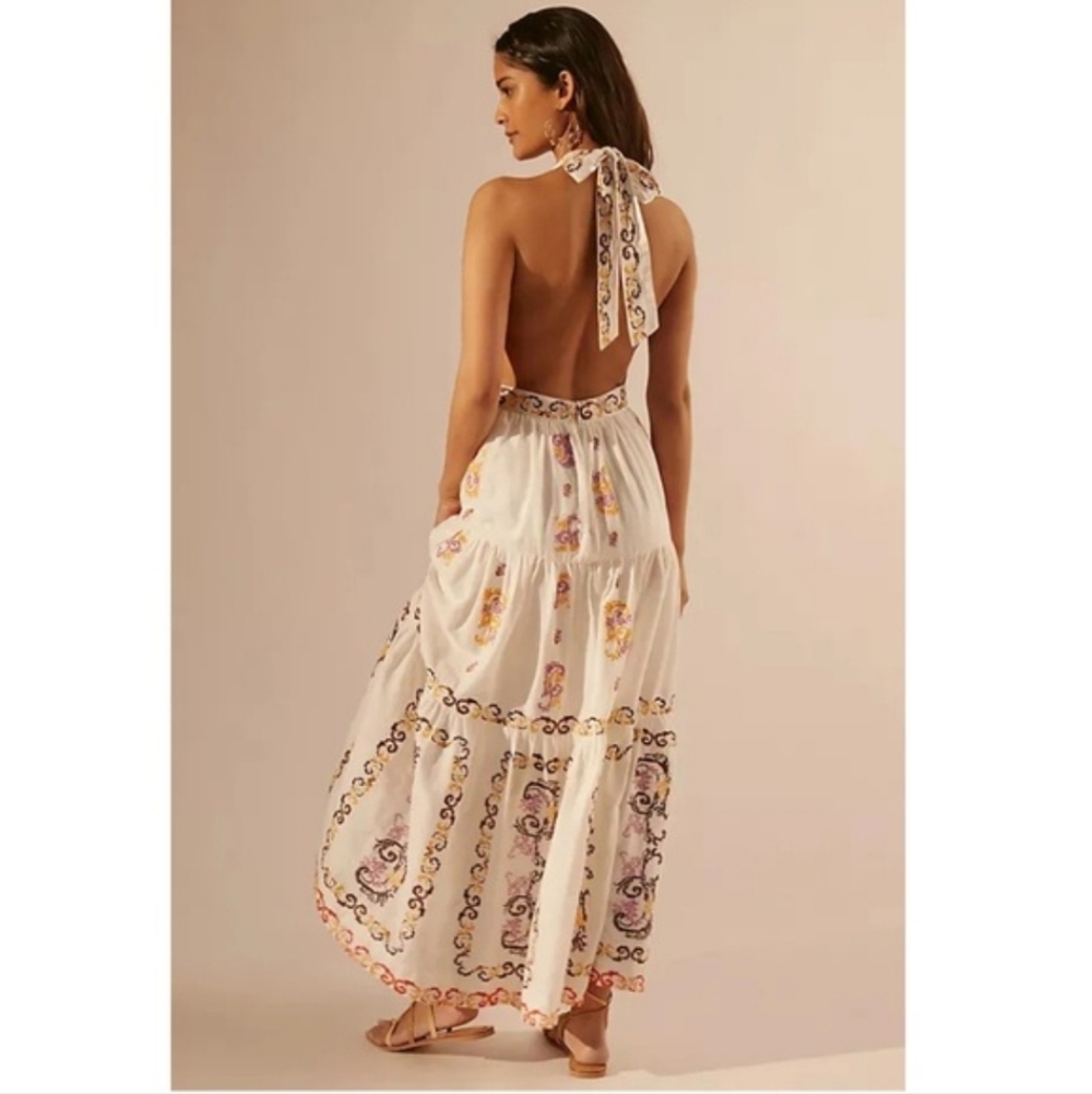NWT Anthropologie Embroidered Halter Maxi Dress Size 12 In Ivory - Picture 5 of 14
